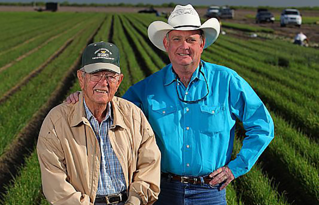 Wallace Martin and Bruce Frasier stand in a field of onions